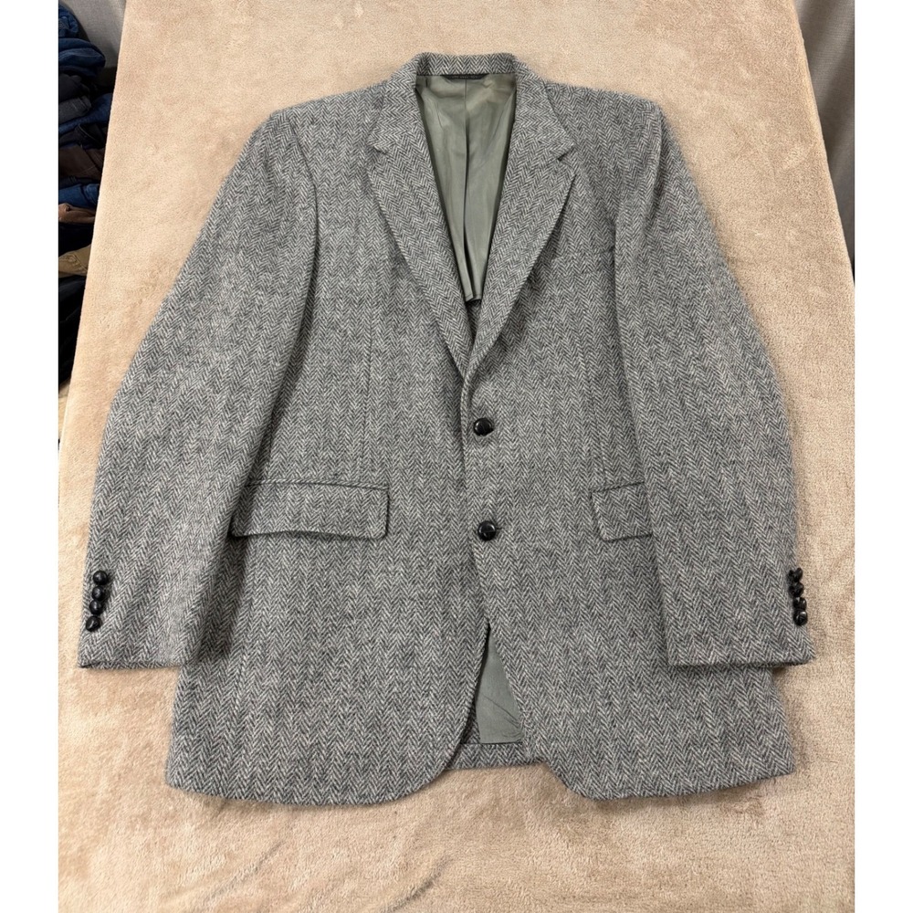 Harris Tweed Lanier Blazer Mens Grey Herringbone Pure Wool Blazer Sport Coat EUC